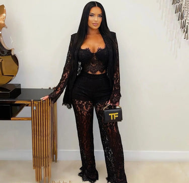 Luxe Lace Elegance 3-Piece Pant Set -Black front view showing complete two piece pant set
