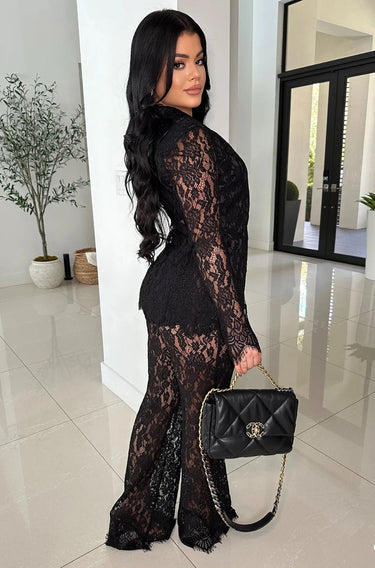 Luxe Lace Elegance 3-Piece Pant Set -Black side view showing pants silhouette and fit