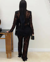 Luxe Lace Elegance 3-Piece Pant Set -Black close up of lace top design and fabric detail