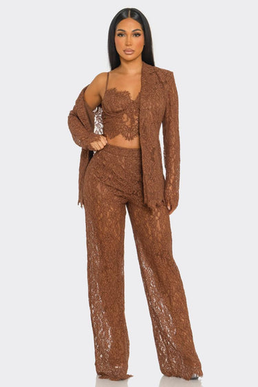 Luxe Lace Elegance 3 - Piece Pant Set - Brown - Palazzo Couture Online