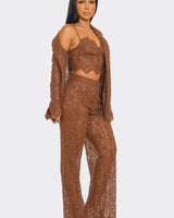 Luxe Lace Elegance 3 - Piece Pant Set - Brown - Palazzo Couture Online