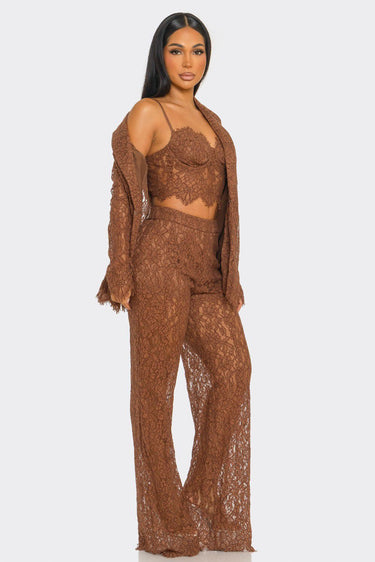 Luxe Lace Elegance 3 - Piece Pant Set - Brown - Palazzo Couture Online