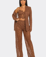 Luxe Lace Elegance 3-Piece Pant Set - Brown front view showing complete two piece pant set