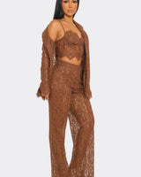 Luxe Lace Elegance 3-Piece Pant Set - Brown close up of lace top design and fabric detail