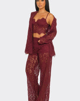 Luxe Lace Elegance 3 - Piece Pant Set - Burgundy - Palazzo Couture Online