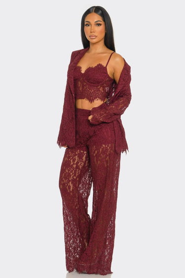 Luxe Lace Elegance 3 - Piece Pant Set - Burgundy - Palazzo Couture Online