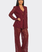 Luxe Lace Elegance 3 - Piece Pant Set - Burgundy - Palazzo Couture Online