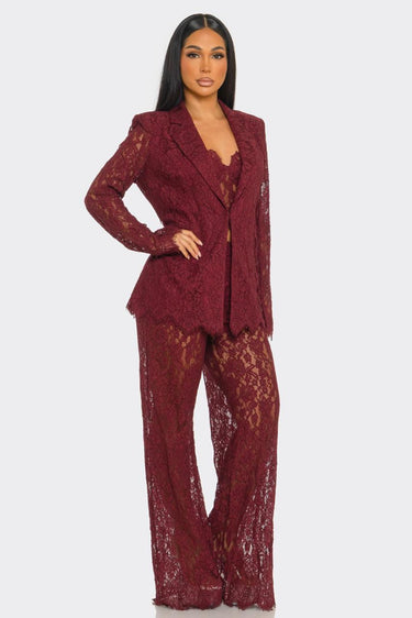 Luxe Lace Elegance 3 - Piece Pant Set - Burgundy - Palazzo Couture Online