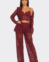 Luxe Lace Elegance 3 - Piece Pant Set - Burgundy - Palazzo Couture Online