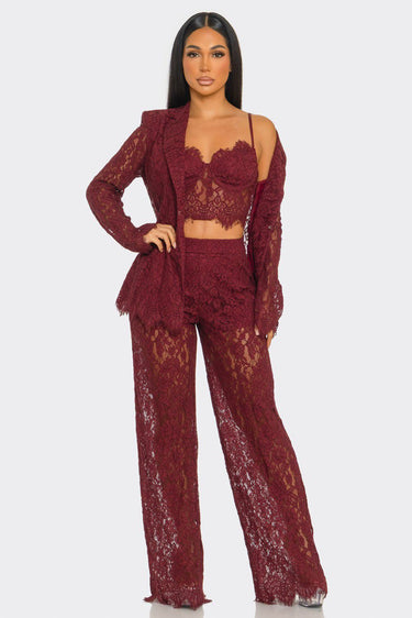 Luxe Lace Elegance 3 - Piece Pant Set - Burgundy - Palazzo Couture Online