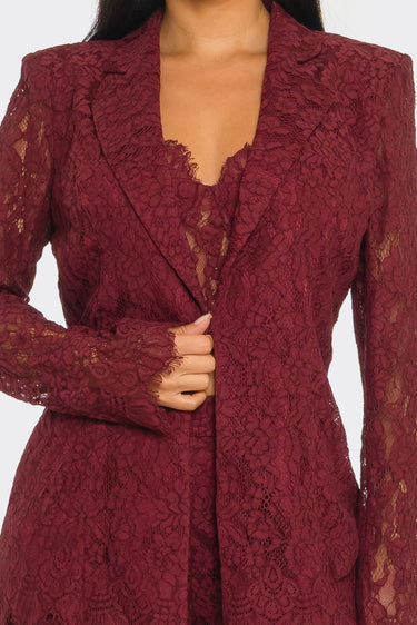 Luxe Lace Elegance 3 - Piece Pant Set - Burgundy - Palazzo Couture Online