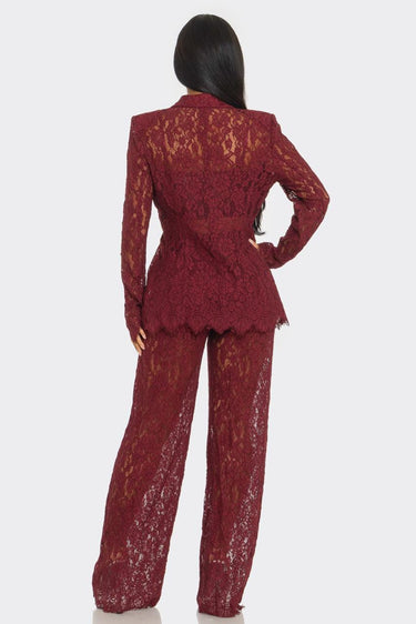Luxe Lace Elegance 3 - Piece Pant Set - Burgundy - Palazzo Couture Online