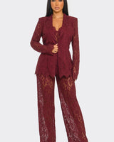 Luxe Lace Elegance 3 - Piece Pant Set - Burgundy - Palazzo Couture Online