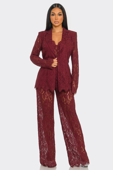 Luxe Lace Elegance 3 - Piece Pant Set - Burgundy - Palazzo Couture Online