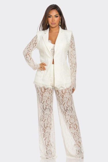 Luxe Lace Elegance 3 - Piece Pant Set - White - Palazzo Couture Online