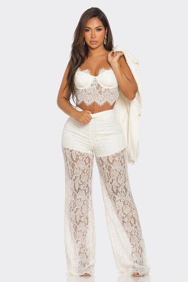 Luxe Lace Elegance 3 - Piece Pant Set - White - Palazzo Couture Online