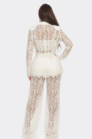 Women's White pant set lace style back view