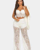 Luxe Lace Elegance 3-Piece Pant Set - White showing coordinated top and pants construction