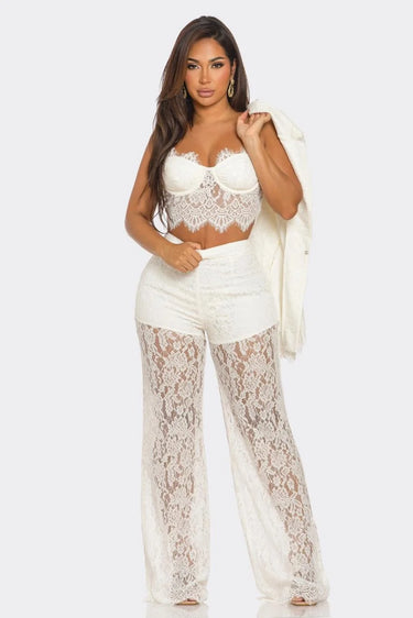 Luxe Lace Elegance 3-Piece Pant Set - White front view showing complete two piece pant set