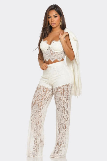 Luxe Lace Elegance 3-Piece Pant Set - White close up of lace top design and fabric detail