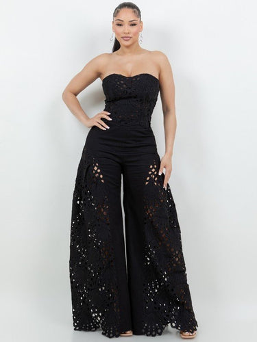 Luxe Lace Strapless Corset & Wide Leg Pant Set - Black - Palazzo Couture Online