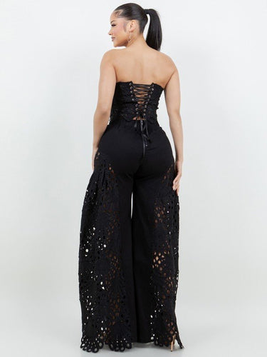 Luxe Lace Strapless Corset & Wide Leg Pant Set - Black - Palazzo Couture Online