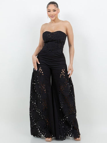 Luxe Lace Strapless Corset & Wide Leg Pant Set - Black - Palazzo Couture Online