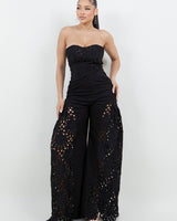 Luxe Lace Strapless Corset & Wide Leg Pant Set - Black - Palazzo Couture Online