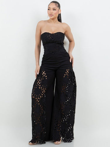 Luxe Lace Strapless Corset & Wide Leg Pant Set - Black - Palazzo Couture Online