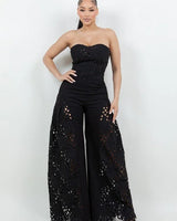 Luxe Lace Strapless Corset & Wide Leg Pant Set -  Black front view showing complete two piece pant set