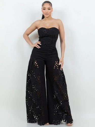 Luxe Lace Strapless Corset & Wide Leg Pant Set -  Black front view showing complete two piece pant set