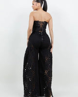 Luxe Lace Strapless Corset & Wide Leg Pant Set -  Black side view showing pants silhouette and fit