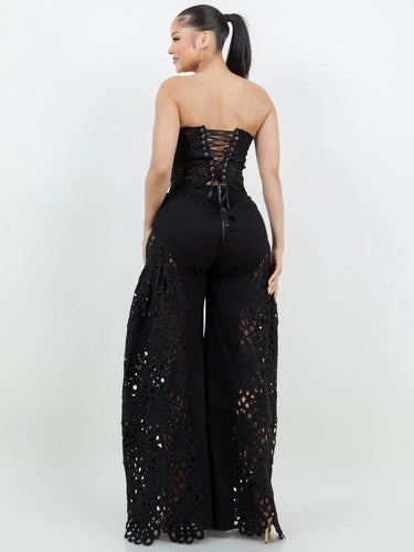 Luxe Lace Strapless Corset & Wide Leg Pant Set -  Black side view showing pants silhouette and fit