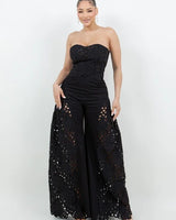 Luxe Lace Strapless Corset & Wide Leg Pant Set -  Black close up of strapless top design and fabric detail