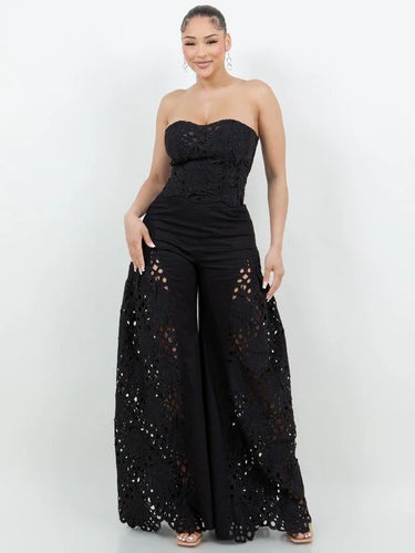 Luxe Lace Strapless Corset & Wide Leg Pant Set -  Black close up of strapless top design and fabric detail