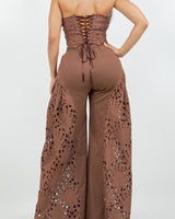 Luxe Lace Strapless Corset & Wide Leg Pant Set - Brown - Palazzo Couture Online
