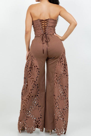 Luxe Lace Strapless Corset & Wide Leg Pant Set - Brown - Palazzo Couture Online