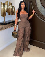 Luxe Lace Strapless Corset & Wide Leg Pant Set - Brown - Palazzo Couture Online