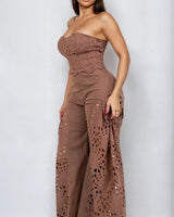 Luxe Lace Strapless Corset & Wide Leg Pant Set - Brown - Palazzo Couture Online