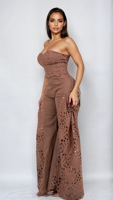Luxe Lace Strapless Corset & Wide Leg Pant Set - Brown - Palazzo Couture Online