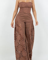 Luxe Lace Strapless Corset & Wide Leg Pant Set - Brown - Palazzo Couture Online