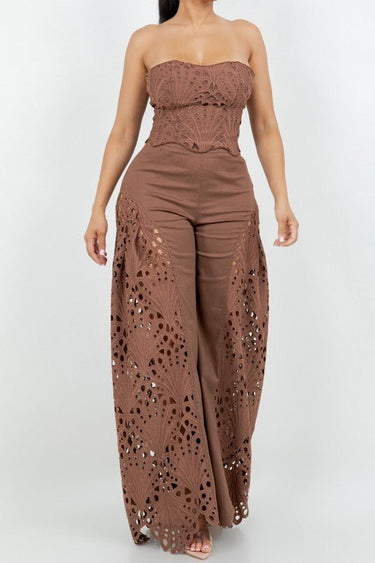Luxe Lace Strapless Corset & Wide Leg Pant Set - Brown - Palazzo Couture Online