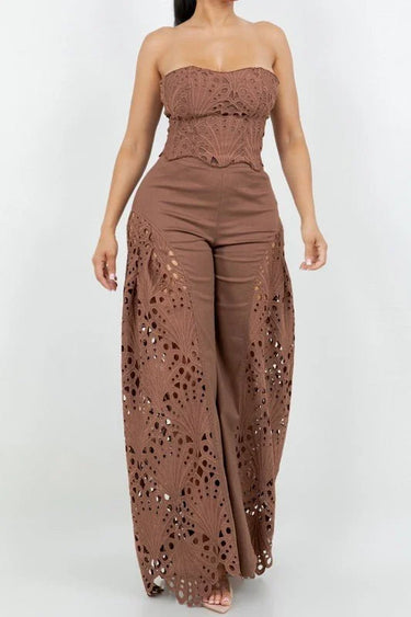Women's Brown pant set strapless style back view