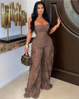 Luxe Lace Strapless Corset & Wide Leg Pant Set - Brown front view showing complete two piece pant set