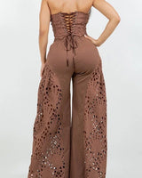 Luxe Lace Strapless Corset & Wide Leg Pant Set - Brown side view showing pants silhouette and fit