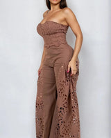 Luxe Lace Strapless Corset & Wide Leg Pant Set - Brown close up of strapless top design and fabric detail
