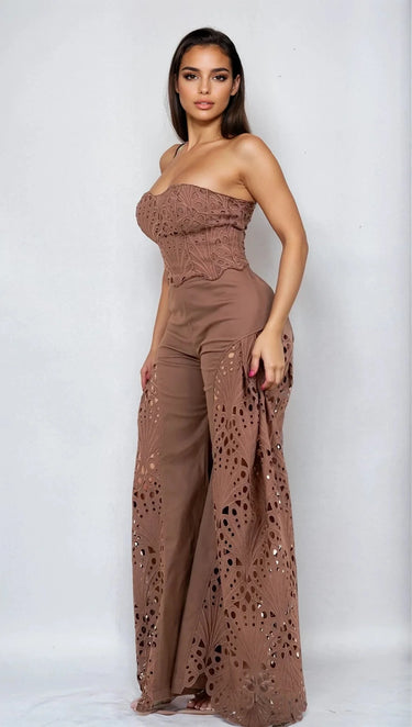 Luxe Lace Strapless Corset & Wide Leg Pant Set - Brown close up of strapless top design and fabric detail