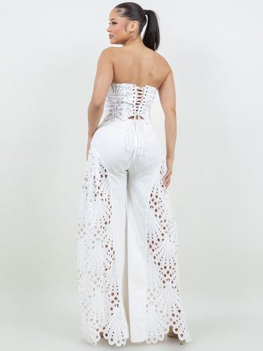 Luxe Lace Strapless Corset & Wide Leg Pant Set - White - Palazzo Couture Online