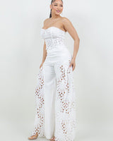 Luxe Lace Strapless Corset & Wide Leg Pant Set - White - Palazzo Couture Online