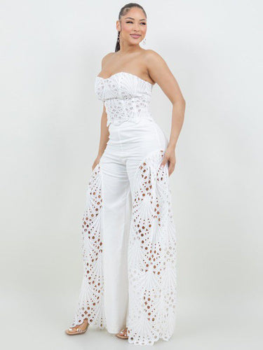 Luxe Lace Strapless Corset & Wide Leg Pant Set - White - Palazzo Couture Online